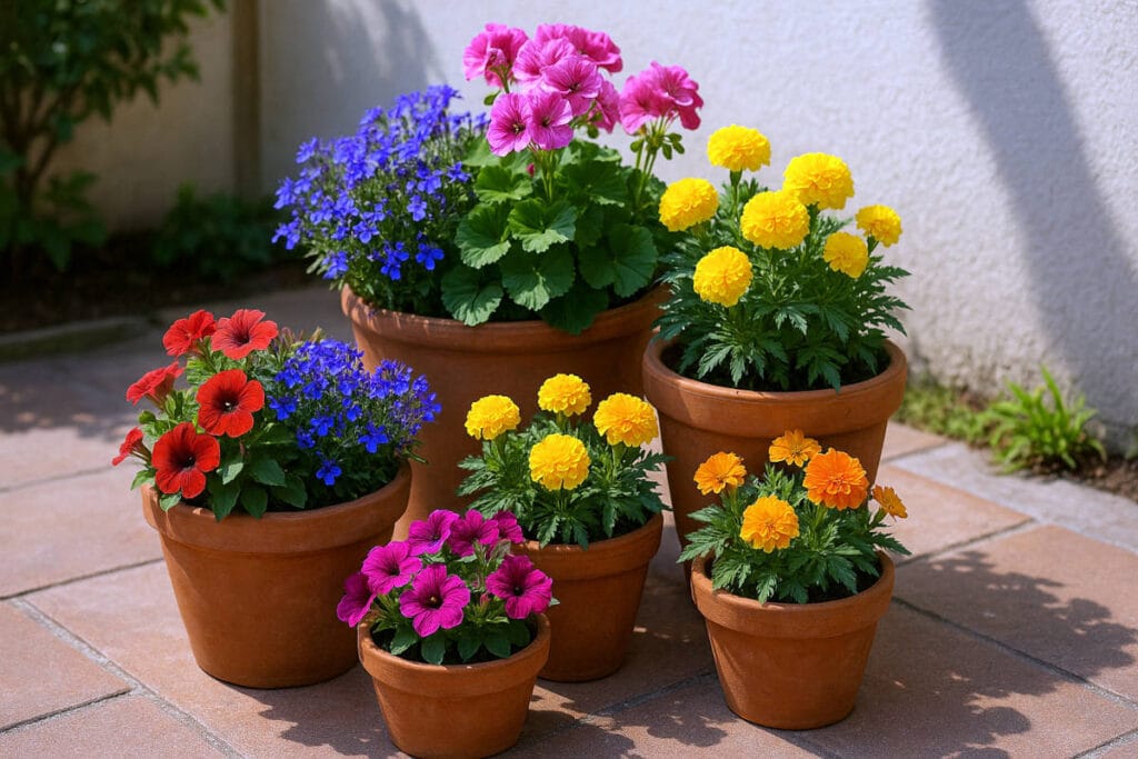 Container gardening idea #1: colorful flower mix in terracotta pots
