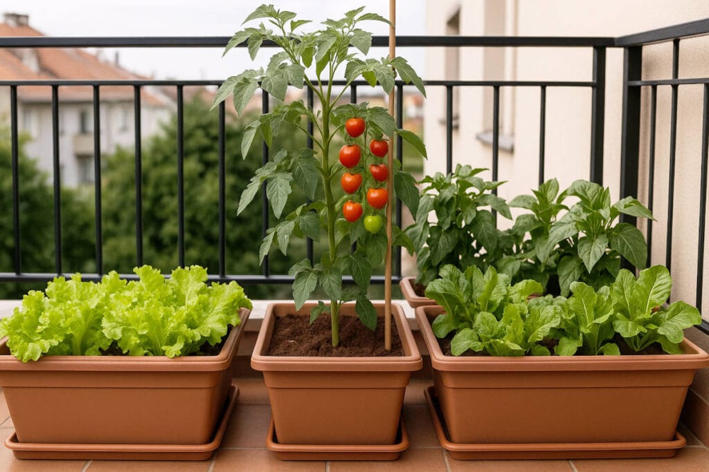 Container gardening idea #10: balcony garden with mixed vegetables in containers
