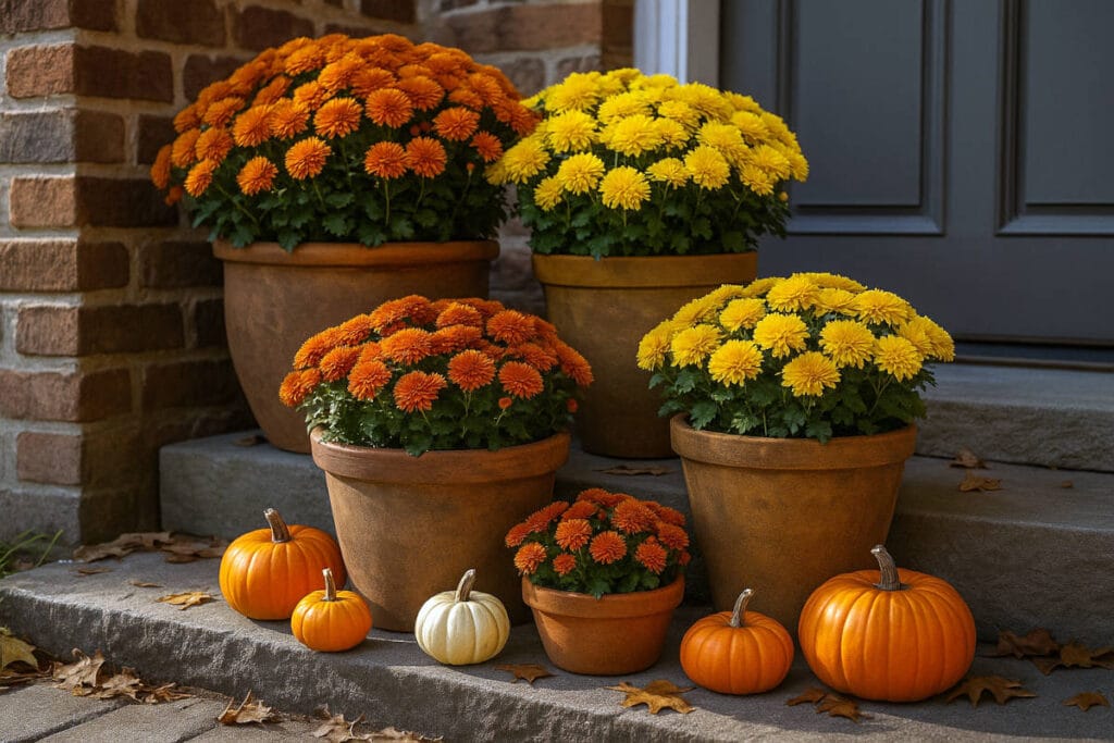 Container gardening idea #11: seasonal container – autumn theme with mums and pumpkins
