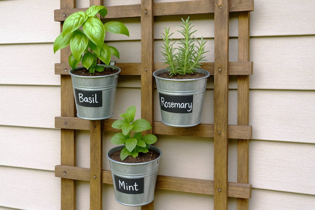 Container gardening idea #2: vertical herb garden using hanging buckets