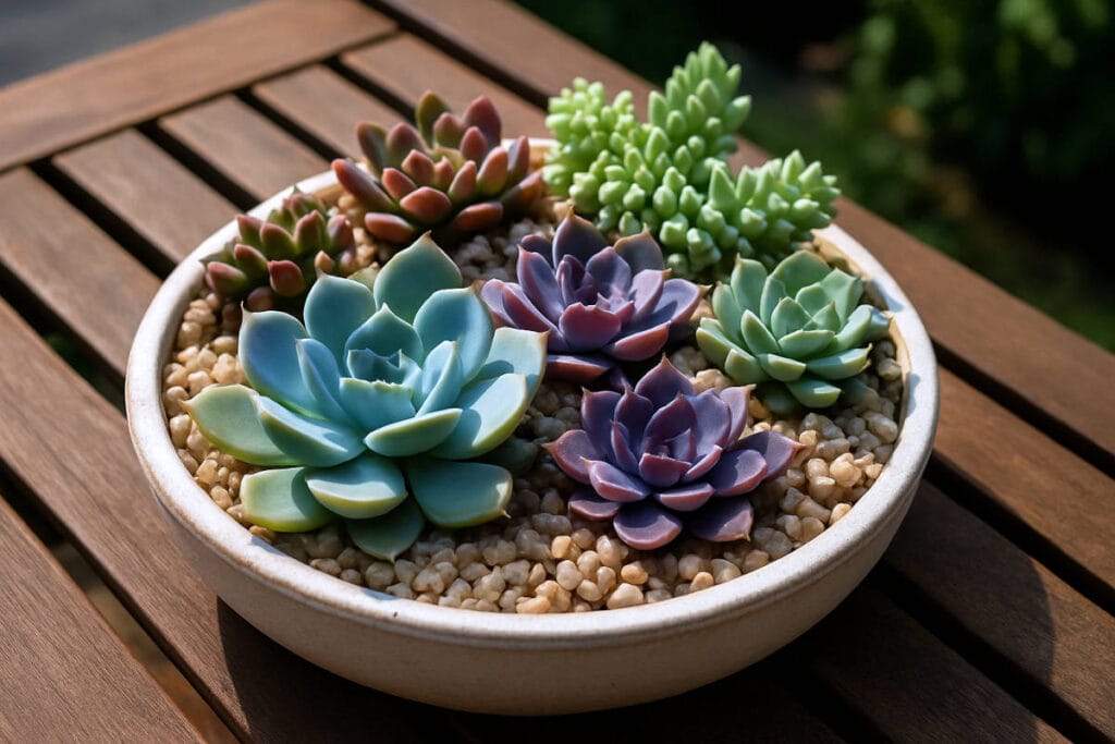 Container gardening idea #3: succulent arrangement in a shallow ceramic bowl