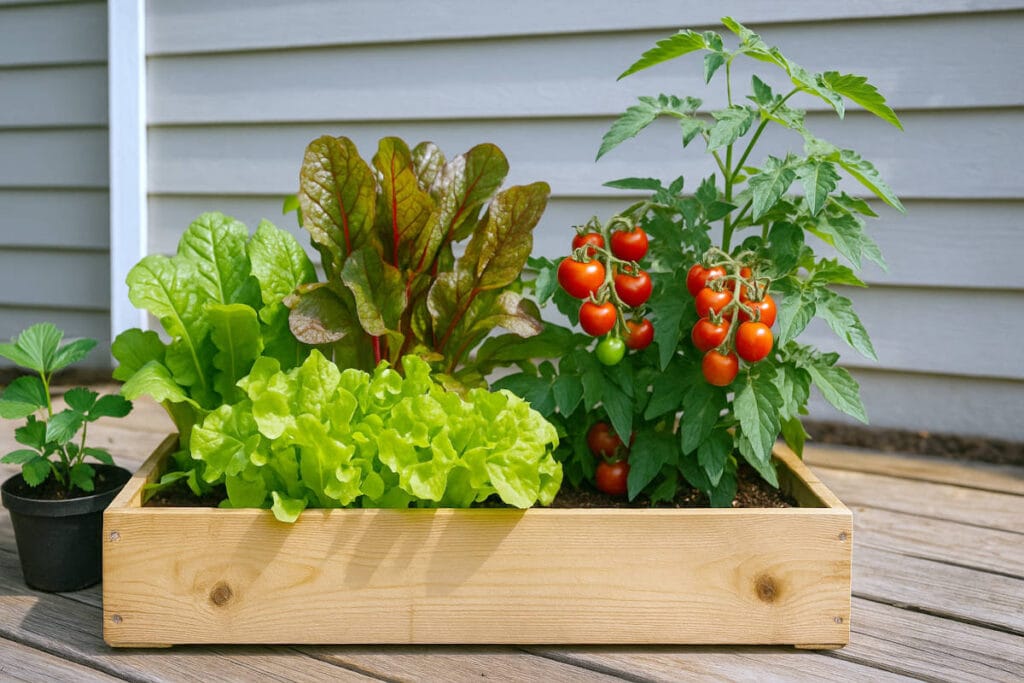 Container gardening idea #4: edible container garden – salad greens and cherry tomatoes