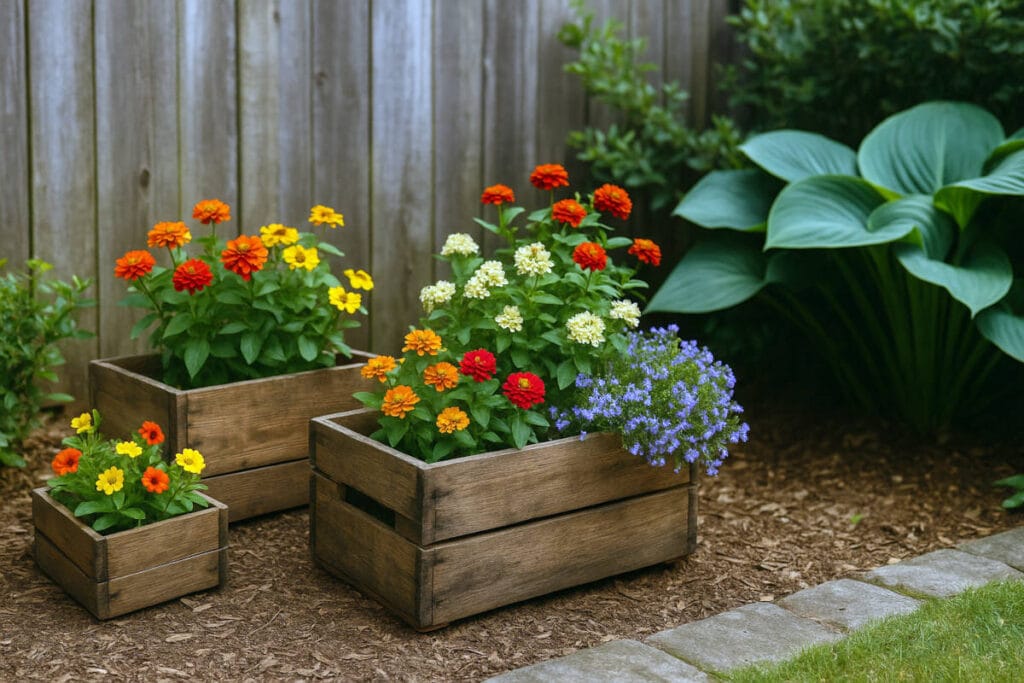 Container gardening idea #5: recycled containers – flowers in old wooden crates