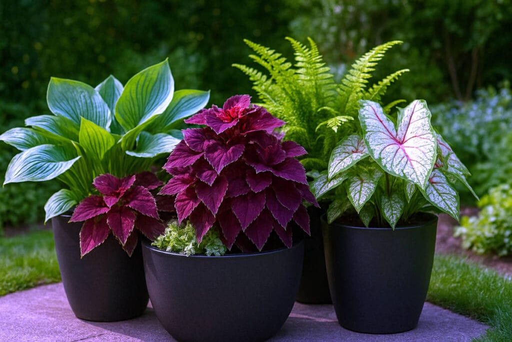 Container gardening idea #6: dramatic foliage plants in large black planters