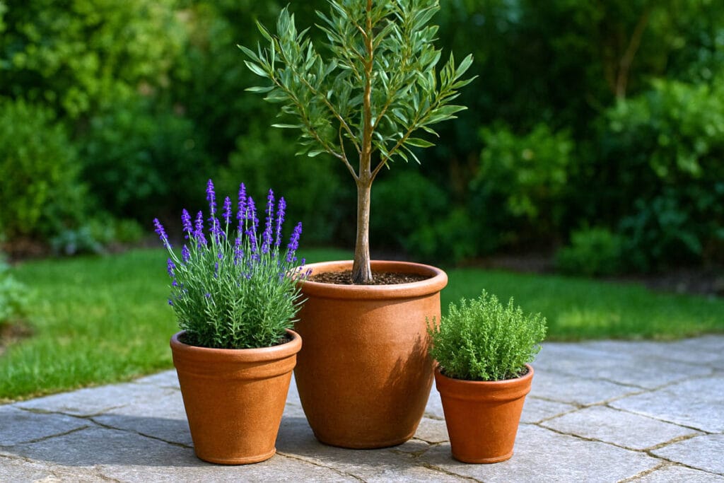 Container gardening idea #7: mediterranean container garden with lavender and olive tree