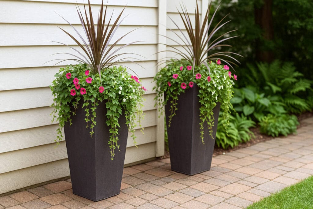 Container gardening idea #8: cascading plants in tall planters