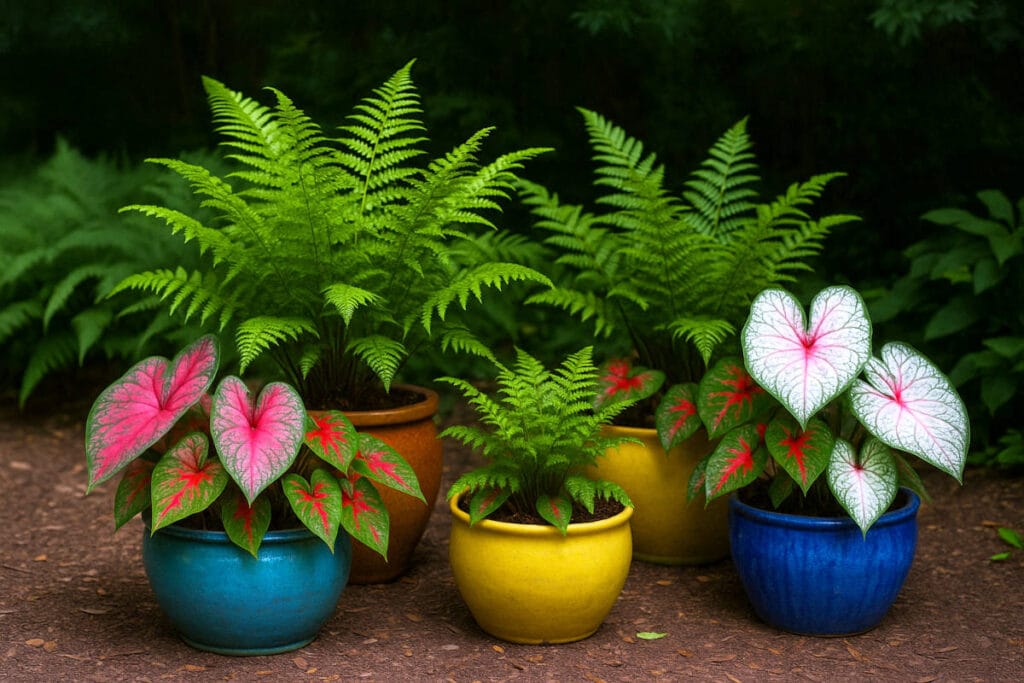 Container gardening idea #9: tropical look – ferns and caladiums in colorful pots
