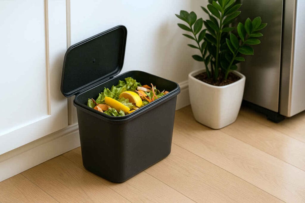 Small indoor compost bin on a modern kitchen countertop with food scraps nearby
