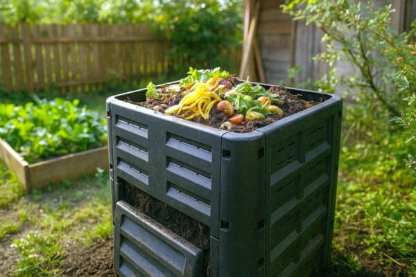 Compost Bin: The Complete Beginner’s Guide to Easy Home Composting Large stationary compost bin setup in a backyard garden with organic waste inside