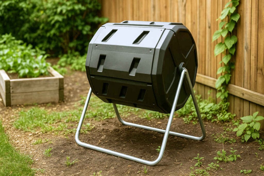 Tumbling compost bin on a patio with garden beds in the background