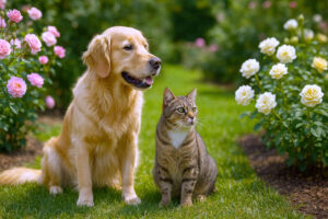 Golden Retriever and tabby cat sitting on green grass in a rose garden with pink and yellow roses in full bloom, under warm natural sunlight.