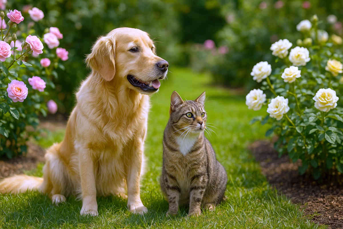 Golden Retriever and tabby cat sitting on green grass in a rose garden with pink and yellow roses in full bloom, under warm natural sunlight.